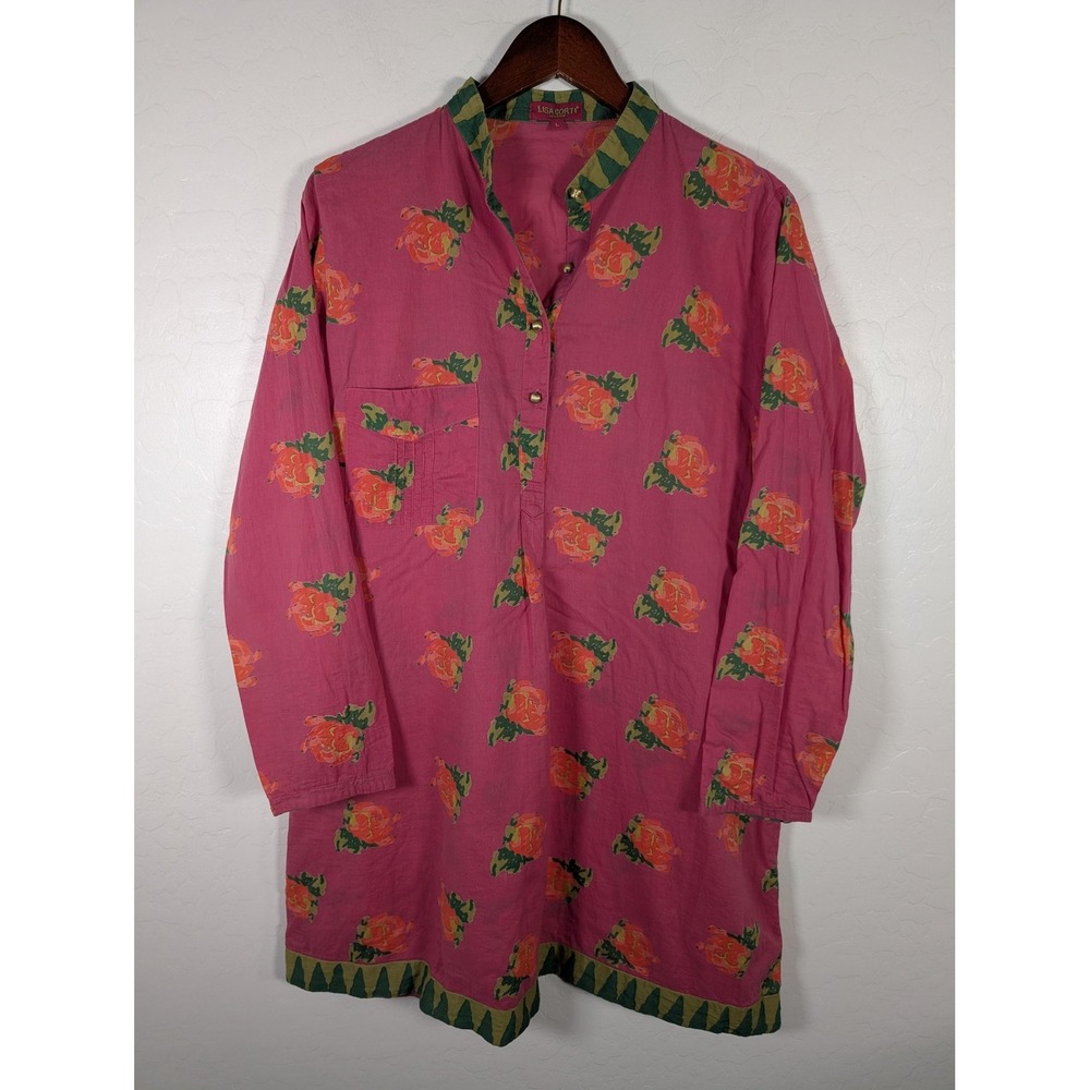 Lisa Corti Tunic Dress Womens Large Pink Floral Cotton India‎ Boho Kurta